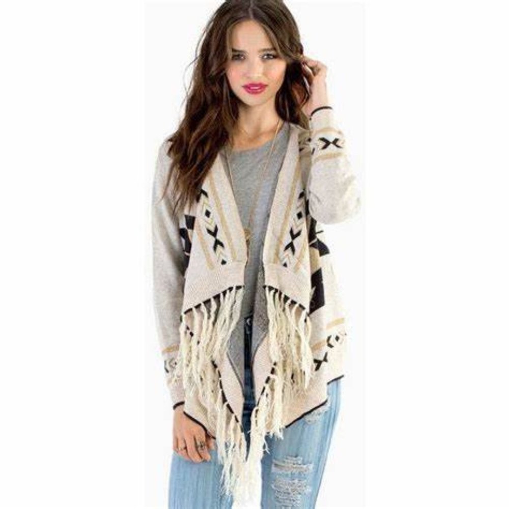 TOBI AZTEC PRINT FRINGE CARDIGAN SWEATER